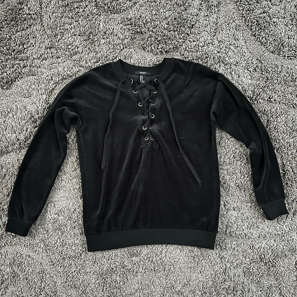 Forever 21 Velvet Lace Up Black Crew Neck Sweater Size Small